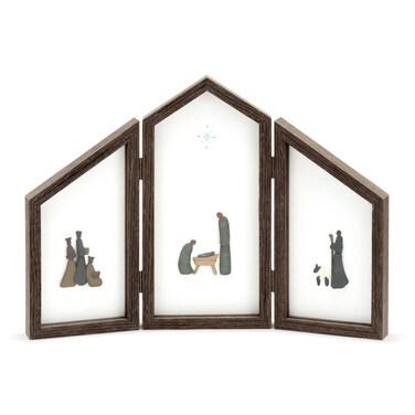 DEMDACO Sharon Nowlan Three Wise Men Holy Family Angel 15 x 11 Wood and Glass Hinged Christmas Triptych Shadow Box