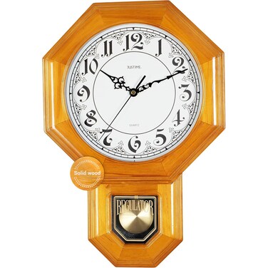 JUSTIME Traditional Luminous Schoolhouse Solid Wood Pendulum Wall Clock Chimes Hourly with Dual Melody Chime Made in Taiwan (Natural Wood w/Dual Melody)