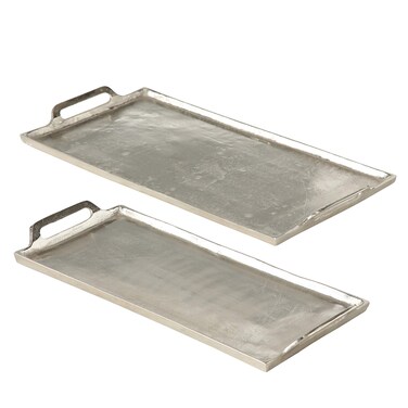 Grand Hotel Serving Trays, Set of 2, Brilliant Craft Finish, Hand Cast Silver Aluminum, 21.75 and 18.5 Inches, Pads on Bottom,Rectangles