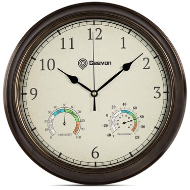 Geevon 14 Inch Retro Wall Clocks Battery Operated with Hygrometer and Thermometer Combo, Silent Wall Clock Non-Ticking Quartz Decorative for Kitchen Living Room School Bedroom
