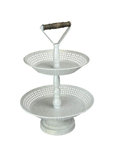 Speckled White Enamel 2 Tier Country Farmhouse Tray Serving Stand