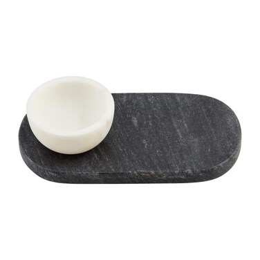 Mud Pie White Marble Dip Tray; Tray 8" x 4 1/4"   dip 3" x 1 1/2" Dia
