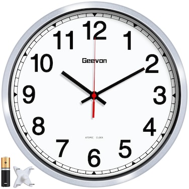 Geevon 12 Inch Atomic Analog Wall Clock, Sets Automatically Wall Clock Battery Operated, Easy to Read Atomic Clock for Kitchen/School/Classroom/Living Room (Silver Frame)