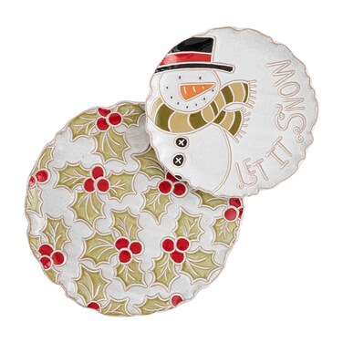 Mud Pie Snowman Holly Nested Platter, small 10" dia   large 13" dia,Gray
