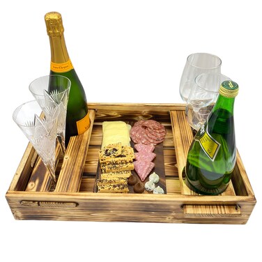 Wrightmart Wood Serving Tray with Wine Bottle and Glass Holder, Acacia Charcuterie Board, and Cut-Out Handles - Holds 2 Bottles and 4 Glasses, Fits Champagne Size Bottle, Burnt Pine Finish