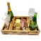 Wrightmart Wood Serving Tray with Wine Bottle and Glass Holder, Acacia Charcuterie Board, and Cut-Out Handles - Holds 2 Bottles and 4 Glasses, Fits Champagne Size Bottle, Burnt Pine Finish
