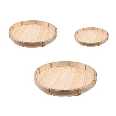 3 Pieces Handmade Bamboo Woven Basket Tray, Farmhouse Flat Round Fruit Food Storage Basket Shallow Tray