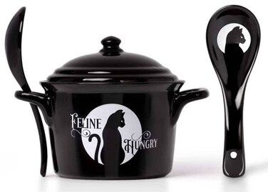 Pacific Giftware Feeling Hungry Soup Bowl With Serving Spoon, 5.91-Inch Width, Black