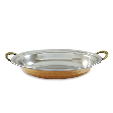 ibaexports Steel and Copper Oval Bowl Dish Tray Serving Ware Smooth Surface with Handles