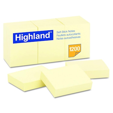 Highland 6539YW Self-Stick Notes, 1 1/2 x 2, Yellow, 100-Sheet, 12/Pack