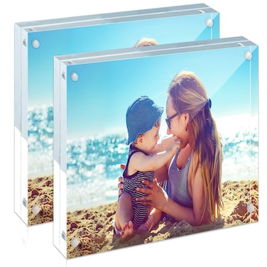 HELPLEX Acrylic Frame, 2 Pack 4x4 Acrylic Picture Frames, 20mm Thicker Frameless Clear Frame Double Sided Magnetic Frame, Free Standing Desktop Display Stand Acrylic Frames