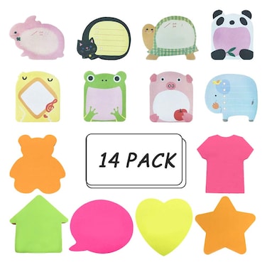 HAIJSEVR Sticky Notes, Self-Stick Removable Shaped Sticky Note - 14 Pads - 100 Sheets 6 Pad Shaped Note -20 Sheets 8 Pad Animal Notes(14 Pack)