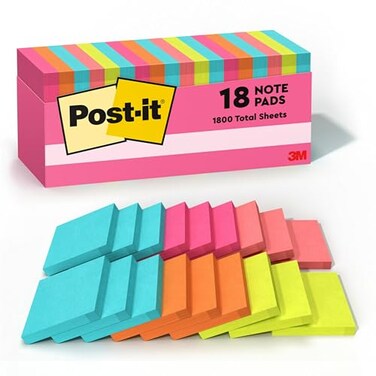 Post-it Notes, 3x3 in, 18 Pads, America's #1 Favorite Sticky Notes, Poptimistic Collection, Bright Colors (Magenta, Pink, Blue, Green), Clean Removal, Recyclable (654-18CTCP)
