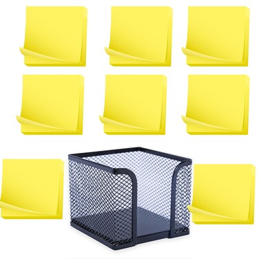 Memo Holder, Steel Mesh Sticky Notes Dispenser - with 12 Pads Adhesive Sticky Notes, Yellow - 3x3 Inch - Total of 1200 Sheets - Value Set