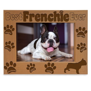 KATE POSH Best Frenchie Ever Engraved Natural Wood Picture Frame, French Bulldog Photo Frame, Pet Memorial Gifts, New Puppy Gifts, Dog Lover Gift, Paw Prints on my Heart (4x6 Horizontal)
