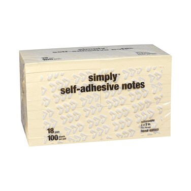 Staples Simply Notes, 3-inch x 3-inch, Yellow, 100 Sheet/Pad, 18 Pads/Pack (ST62684)