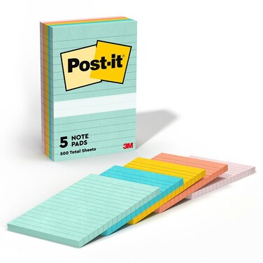 Post-it Notes Original Pads in Beachside Cafe Collection Colors, Note Ruled, 4" x 6", 100 Sheets/Pad, 5 Pads/Pack