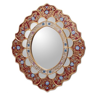 NOVICA Reverse Painted Wood and Glass Wall Mounted Mirror, Red, 'Golden Rays'