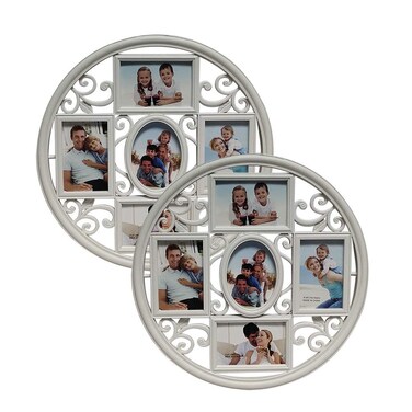 MKUN 2Pack of 4x6 Wall Photo Collage Frames - Round Circular Circle Wall Hanging Picture Collage Frame with Leaf Decoration, 5- Opening (White)