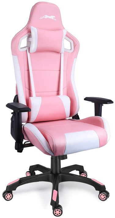 Leopard Gaming Chair, High Back PU Leather Office Chair, Adjustable Video Gaming Chairs, Swivel Racing Chair with Adjustable Armrest (White/Pink)