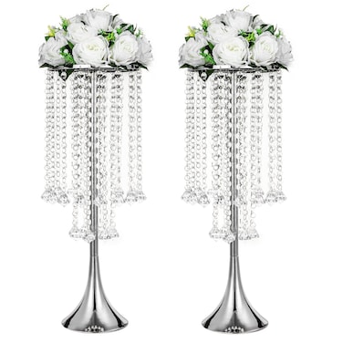 2Pcs 21.88" Height Elegant Centerpieces with Chandelier Crystals Metal Vase Silver Flower Stand for Table Wedding Centerpieces Decorations, Christmas,Event, Home, Party