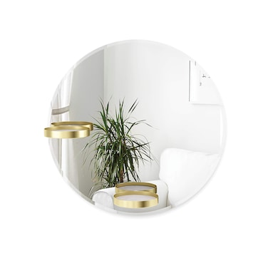 Umbra Perch Wall Mirror with Rubber Frame, Modern Decor for Entryways, Washrooms, Living Rooms, Shelving, Regular, Brass