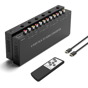 Y.D.F 4 Port RCA to HDMI Converter 4 Way RCA Composite CVBS AV Switch to HDMI Converter Adapter Support 4:3/16:9 Switching, for Sega Xbox PS1 PS2 PS3 N64 NGC SNES WII VHS VCR Camera DVD