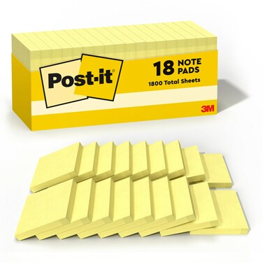 Post-it Notes Original Pads in Canary Yellow, Cabinet Pack, 3" x 3", 90 Sheets/Pad, 18 Pads/Pack