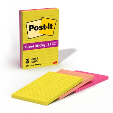 Post-it Super Sticky Lined Notes, 3 Sticky Note Pads, 4 x 6 in., Ideal for Organization in Your Dorm, Home or Office, Summer Joy Collection