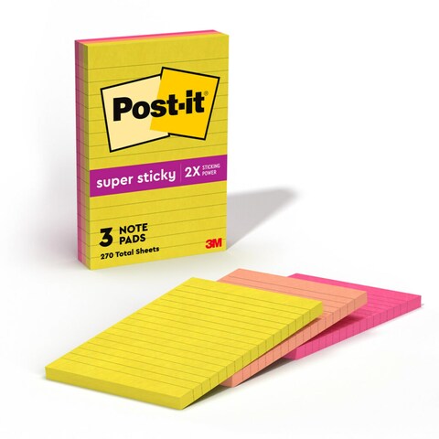 Post-it Super Sticky Lined Notes, 3 Sticky Note Pads, 4 x 6 in., Ideal for Organization in Your Dorm, Home or Office, Summer Joy Collection