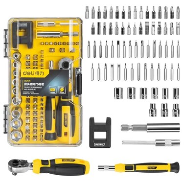 deli 75pcs Ratcheting Screwdriver Set,Socket Set,Precision Screwdriver Bit Set with Ratchet Wrench &iuml;&frac14;&dagger; Storage Case,Household Repair Tool Kits for Bike Watches and glasses,phones