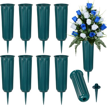 Kukooka Cemetery Vases Memorial Flower Vase Plastic Flower Holders with Spikes for Flowers Headstones Cemetery Grave Decoration (10Pcs, Dark Green), Flower is not Included, HP240327