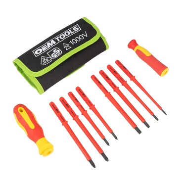 OEMTOOLS 22593 10 Piece Insulated Screwdriver Set, 4 Flathead Screwdrivers, 4 Phillips Screwdrivers, Interchangeable Blades And Electrician Tool Pouch