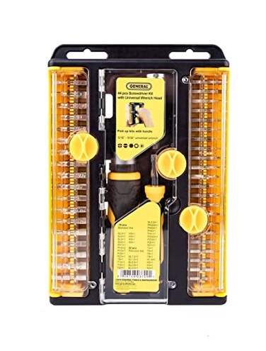 General Tools Ratcheting Screwdriver #WS-0201, 44 Piece Multibit Set with Universal Wrench Head, Yellow