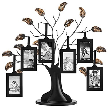 Americanflat Family Tree Picture Frame - Includes 6 Hanging 2x3 Picture Frames - Adjustable Ribbon Tassels - Perfect for Mother's Day, Birthdays, Christmas Day, Anniversary - Black and Bronze