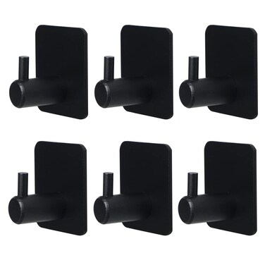 VAEHOLD Black Adhesive Hooks 6 Pack, Heavy Duty Wall Hooks Aluminum Hooks for Hanging Coat, Hat, Towel, Robe, Key, Clothes, Towel Hook Wall Mount for Home, Office, Kitchen, Bathroom
