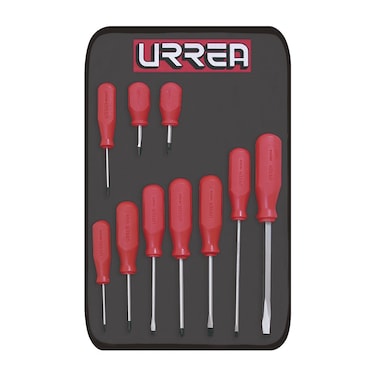 Urrea JBU03 Red Handled Screwdriver Set with Cabinet Tip, 10-Piece