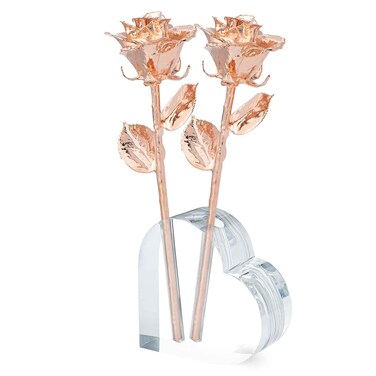 Forever Rose Acrylic Heart Vase Combo with Two Forever Roses, an Eternal Gift, Timeless, One of a Kind, Real Roses Carefully Dipped in Rose Gold, Romantic Heart-Shaped Vase Included