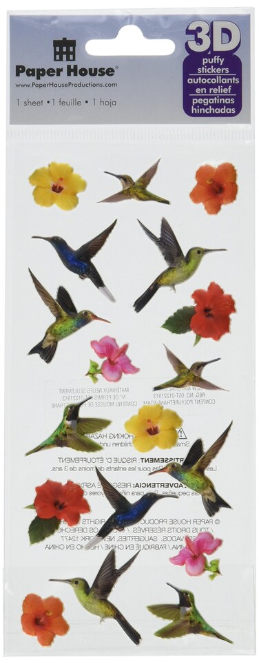 Paper House, STP-0057RTE ,Hummingbirds Puffy Sticker,4.5&acirc;&euro;x8.5&acirc;&euro;, 1 sheet.