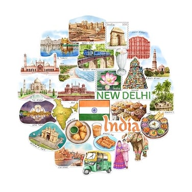 Navy Peony Incredible India Travel Stickers (28pcs) - New Delhi, Indian-Themed Hand-Illustrated Decals for Journals, Scrapbooks, Luggages, Tumblers