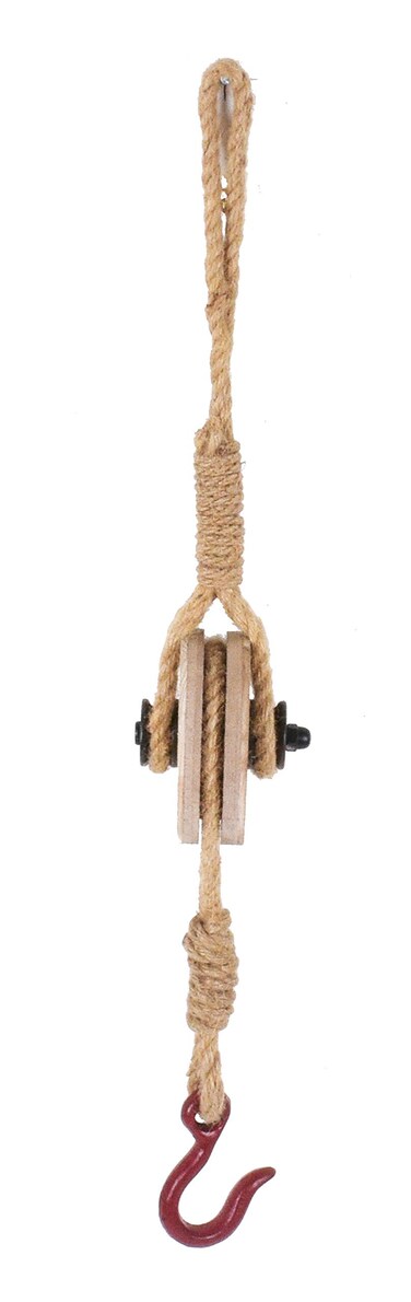 PARISLOFT Industrial Decorative Iron Faux Pulley Tackle with Jute Rope and Hook 23 x 4 x 4.5 Inches (Red)