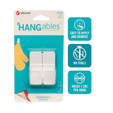 VELCRO Brand VEL-30106-USA HANGables Removable Wall Hooks   Easy-to-Remove Wall Fasteners   Damage-Free, Non-Permanent Hooks for Lightweight Items   Small, Holds 1 lb, White, 2-Pack