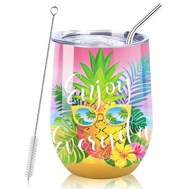 NymphFable 12oz Pineapple Tropical Cup Wine Tumbler with Straw and Lid Insulated Wine Glass Stainless Steel Double Wall