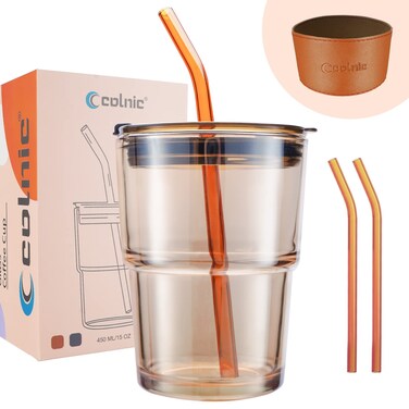 Iced Coffee Cup, 15 oz Glass Cups With Lids And Straws, Iced Coffee Glasses Tumbler, Thick Wall Glass Mug For Tea Water Soda With 2 Glass Straw And Leather Sleeve, Glass Tumbler Christmas Gifts