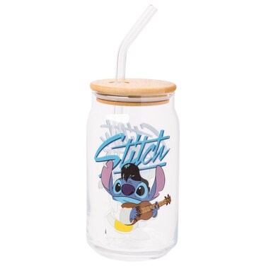 Silver Buffalo Disney Lilo and Stitch Elvis Holding Guitar Glass Jar Tumbler with Bamboo Lid and Glass Straw, 16 Ounces