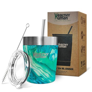 Healthy Human Stainless Steel Tumbler with Straw   Splash Proof Insulated Travel Cruiser Cup   Eco-Friendly Coffee Tumblers with Straws Cleaner &amp; Splash Proof Lid (12oz, Bora Bora)