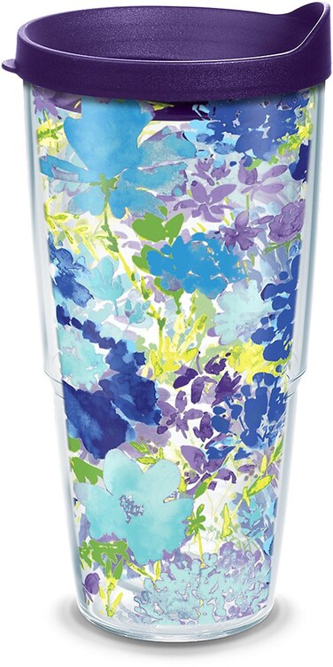 Tervis Made in USA Double Walled Fiesta Insulated Tumbler Cup Keeps Drinks Cold &amp; Hot, 24oz - Purple Lid, Purple Floral