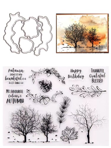 Autumn Trees Nuts Clear Stamps and Dies for Card Making, Fallen Leaves with Sentiments DIY Scrapbooking Arts Crafts Stamping with Metal Cutting Dies,Silicone Stamps for Gifts Notebook Album Cards