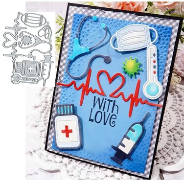 Medical Supplies Metal Die Cuts,Doctor's Stethoscope Syringe Heartbeat Cutting Dies Cut Stencils DIY Scrapbooking Decorative Embossing Paper Scrapbooking Card Making