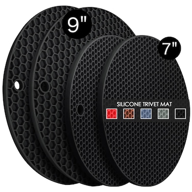 4 Pack Silicone Trivet Mats, 7 Inch &amp; 9 Inch Flexible Heat Resistant Silicone Hot Pads Pot Holders for Kitchen Counter, Round Silicone Trivets for Hot Dishes, Silicone Potholders Jar Opener(Black)